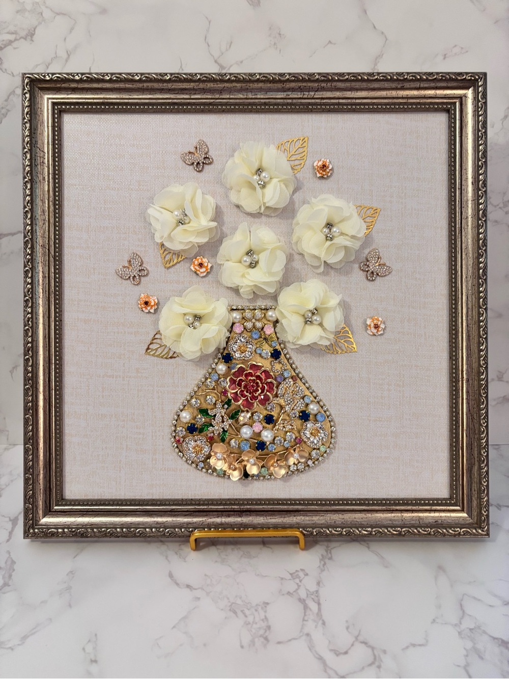 Embellished Floral Vase Wall Art - Cream Flowers with Gold Accents